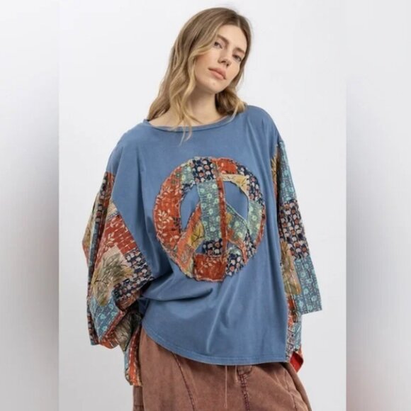 BLUE VELVET PATCHWORK PEACE SIGN PONCHO TOP NWT - Picture 1 of 9